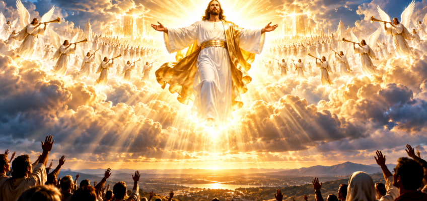 Return of Jesus Christ in heavenly glory, a biblical illustration of His promised second coming.